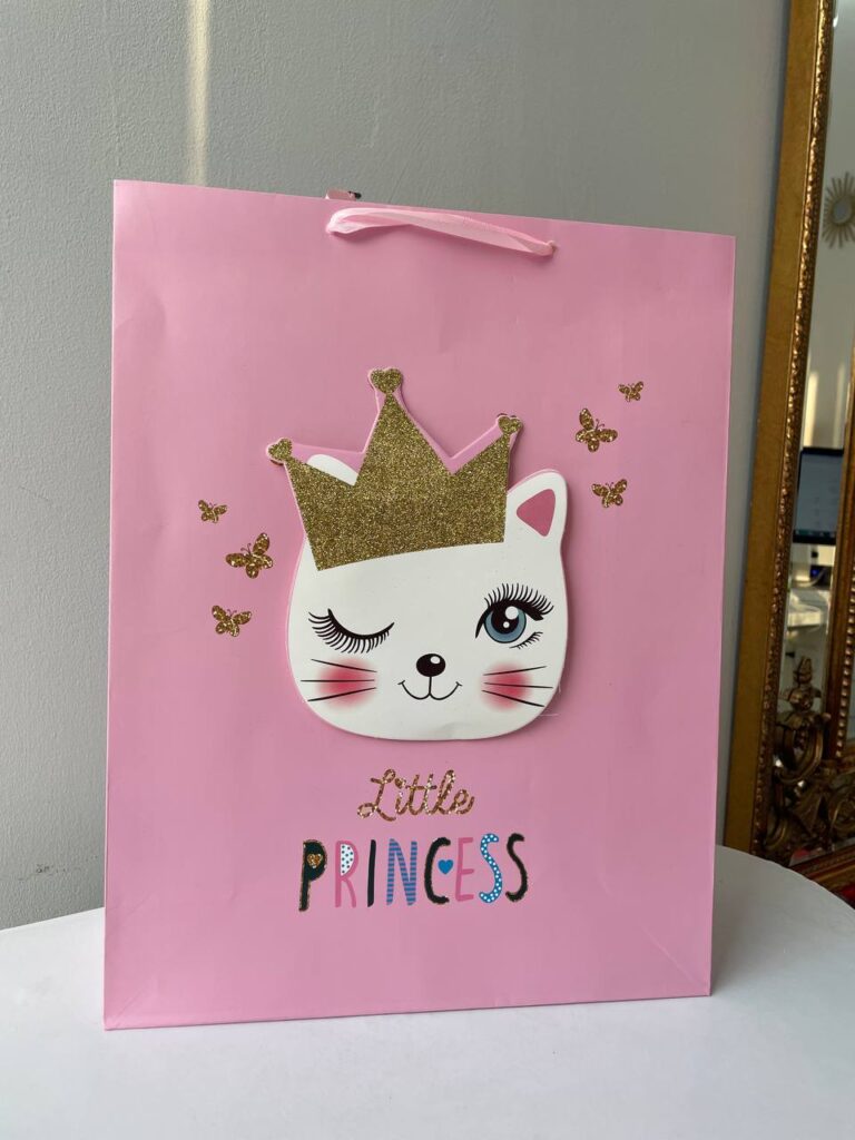 Рожевий паперовий подарунковий пакет Little Princess з котиком у золотій короні для подарунків дівчинці