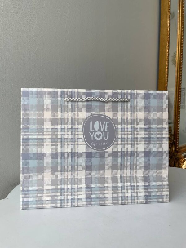 Паперовий подарунковий пакет у клітинку з написом Love You у сіро-блакитних тонах