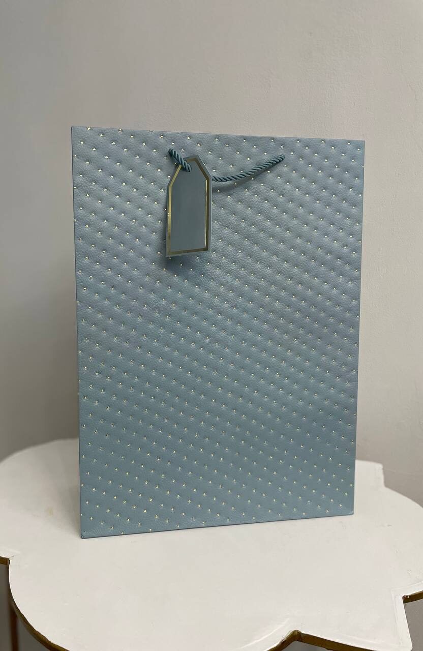 Паперовий подарунковий пакет «Soft Blue Dots» 1 Блакитний паперовий подарунковий пакет з тисненням у вигляді точок та подарунковою біркою