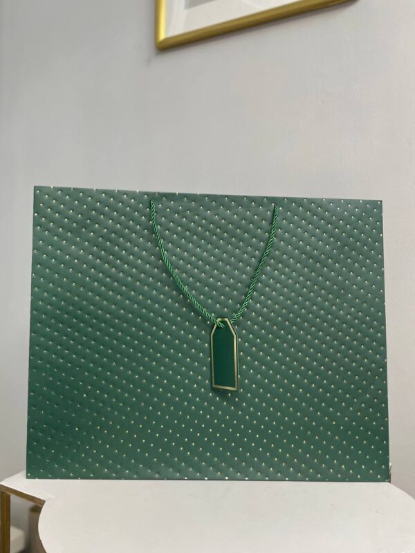 Зелений паперовий подарунковий пакет із золотистим точковим тисненням та крученими ручками
